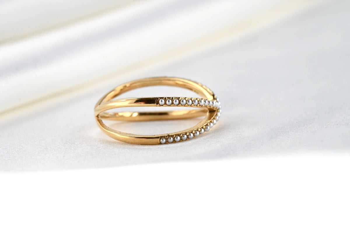 Pave Pearl Criss Cross Ring - Waterproof Gold X Pearl Ring