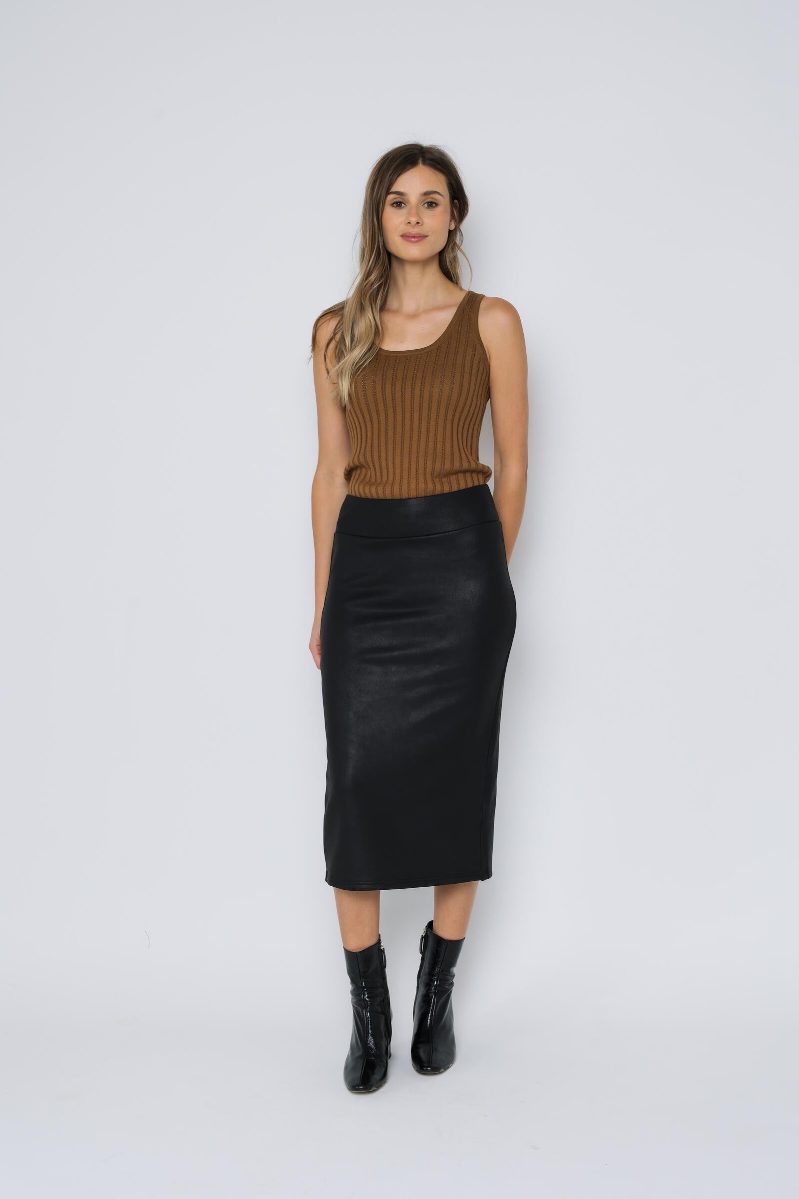 Erin-Faux Leather Midi Skirt