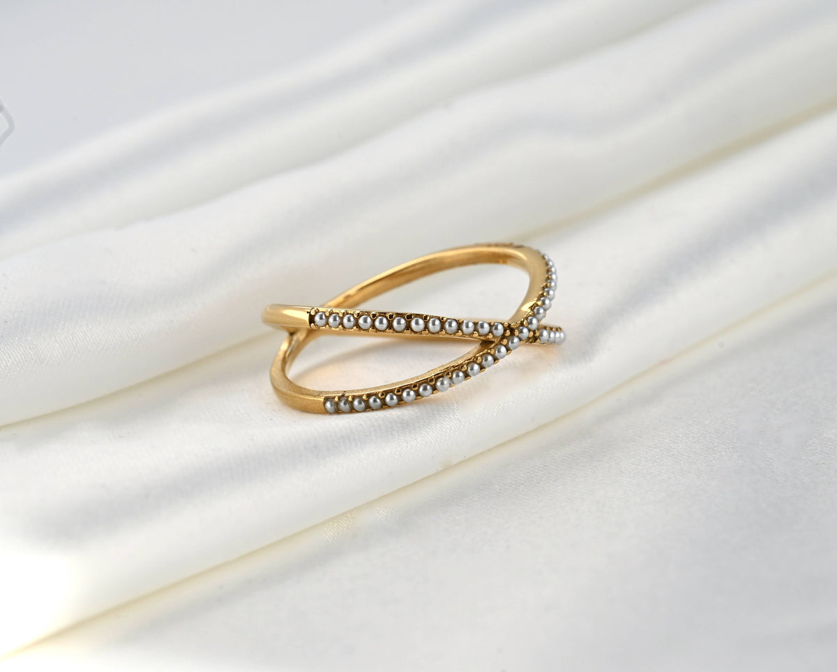 Pave Pearl Criss Cross Ring - Waterproof Gold X Pearl Ring