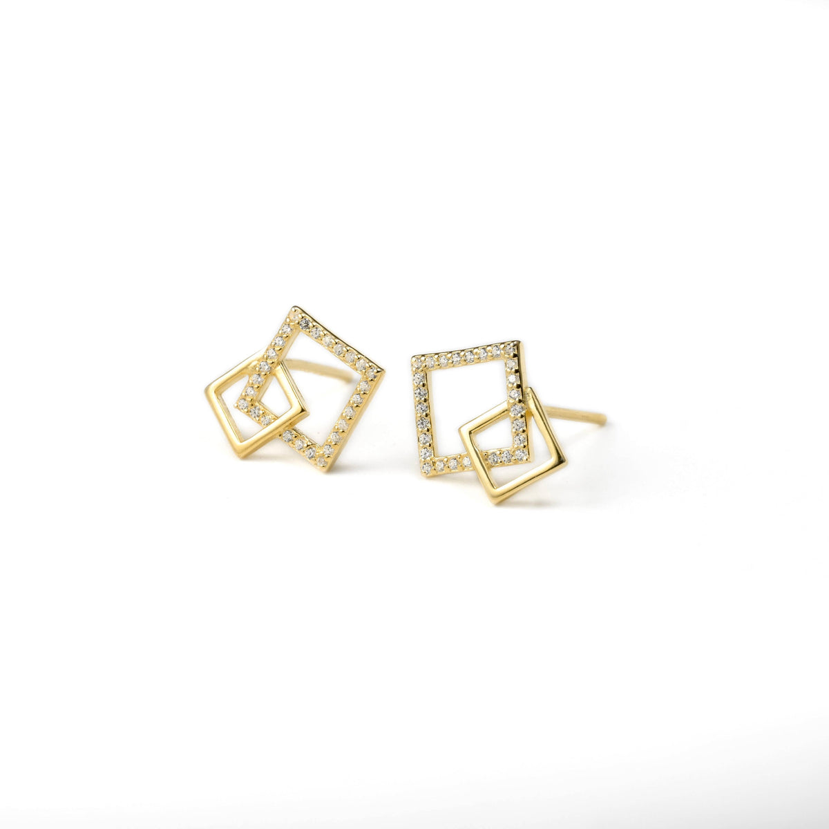 Silver Square Link Studs - 925 Silver Square Pave CZ Studs