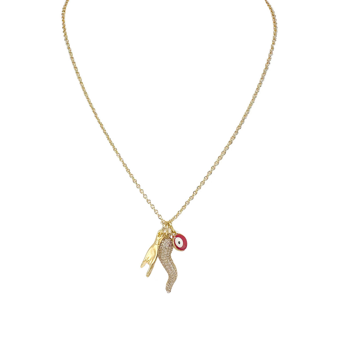 Lisa CZ Italian Horn &amp; Evil Eye Necklace
