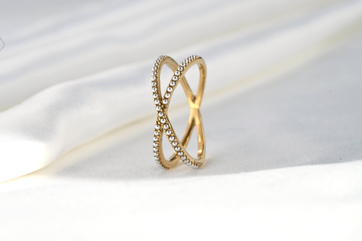 Pave Pearl Criss Cross Ring - Waterproof Gold X Pearl Ring