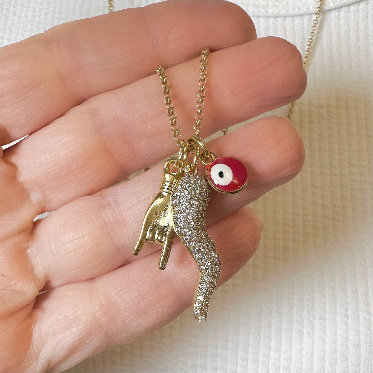 Lisa CZ Italian Horn &amp; Evil Eye Necklace